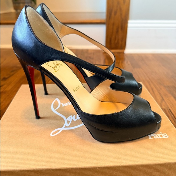 Christian Louboutin Black Leather Cross Prive Peep Toe Heels - Picture 4 of 5